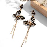 Rhinestone Brass Drop Earring, Butterfly, gold color plated, for woman & enamel & with rhinestone, black, 106*35mm 