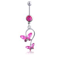 Zinc Alloy Belly Ring, with 316L Stainless Steel, Butterfly, platinum color plated, for woman & with rhinestone 5mm,1.6*11mm 