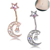 Stainless Steel Belly Ring, Moon and Star, plated, for woman & with rhinestone 14*34mm 