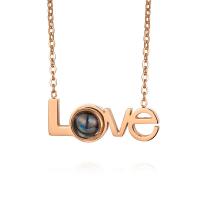 Titanium Steel Miniature Projection Necklace, with Glass, with 5cm extender chain, Alphabet Letter, rose gold color plated, oval chain & for woman Approx 17.7 Inch 