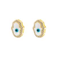 Brass Stud Earring, with White Shell, Evil Eye Hamsa, gold color plated, micro pave cubic zirconia & for woman, nickel, lead & cadmium free, 16*10mm 