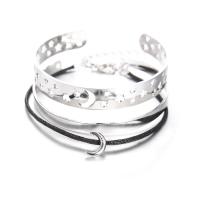 Zinc Alloy Bracelet Set, cuff bangle & bracelet, with PU Leather Cord, with 4cm extender chain, plated, three pieces & for woman 10mm Approx 6.8 Inch, Approx 10.2 Inch 