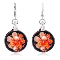 Lampwork Drop Earring, with Brass, platinum color plated, for woman & gold sand & inner flower 19mm 