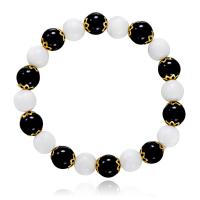 Synthetic Agate Bracelet, with Fluted Giant & Zinc Alloy, Round, gold color plated, fashion jewelry & Unisex, white and black, 8mm Approx 6.3 Inch 