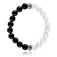 Fluted Giant Bracelet, with Black Agate & Zinc Alloy, Round, antique silver color plated, fashion jewelry & Unisex, white and black, 8mm Approx 6.9 Inch 