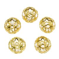 Iron Hollow Beads, with Resin Rhinestone, Round, gold color plated, white 