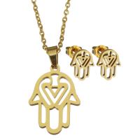Fashion Stainless Steel Jewelry Sets, Stud Earring & necklace, Hamsa, gold color plated, oval chain & for woman 1.5mm 