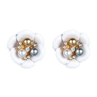 Zinc alliage strass Stud Earring, alliage de zinc, avec perle de plastique, fleur, Placage de couleur d'or, pour femme & avec strass, plus de couleurs à choisir, 20*20mm, Vendu par paire