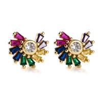 Rhinestone Brass Stud Earring, gold color plated, for woman & with rhinestone, 12*12mm 
