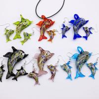 Lampwork Jewelry Sets, pendant & earring, with Brass, Dolphin, platinum color plated, 2 pieces & gold sand 52-60mm,26-32mm 