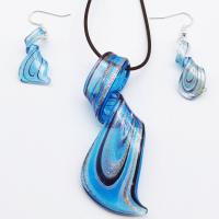 Lampwork Jewelry Sets, pendant & earring, with Brass, platinum color plated, 2 pieces & gold sand, skyblue, 30*70mm,14*28mm 