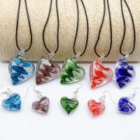 Lampwork Jewelry Sets, pendant & earring, with Brass, Heart, platinum color plated, 2 pieces & inner twist 33*46mm,20*32mm 