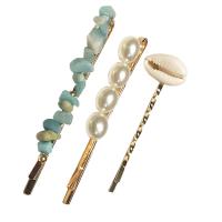 Hair Slide, Gemstone, with ABS Plastic Pearl & Shell & Zinc Alloy, gold color plated, three pieces & for woman, 50mm,70mm 