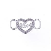 Rhinestone Zinc Alloy Connector, Heart, silver color plated, with rhinestone & 1/1 loop 