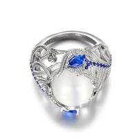 Rhinestone Zinc Alloy Finger Ring, with Moonstone, silver color plated & for woman & with rhinestone, blue 