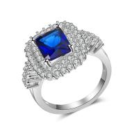 Кубическое цирконовое латунное кольцо, Латунь, плакирован серебром, разный размер для выбора & Женский & с кубическим цирконием, голубой, продается PC