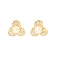 Rhinestone Brass Stud Earring, with Plastic Pearl, Flower, gold color plated, for woman & with rhinestone, 19*19mm 