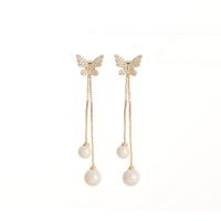 Rhinestone Brass Drop Earring, with Plastic Pearl, Butterfly, gold color plated, fashion jewelry & for woman & with rhinestone, 54*10mm 