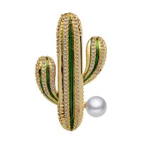 Brass Brooch, with Freshwater Pearl, Opuntia Stricta, gold color plated, micro pave cubic zirconia & for woman 