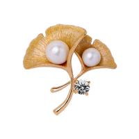 Zinc Alloy Brooch, with Shell Pearl, Ginkgo Leaf, 18K gold plated, for woman & with cubic zirconia 