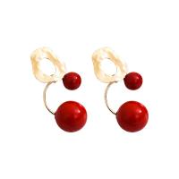 Brass Drop Earring, with Plastic Pearl, gold color plated, fashion jewelry & for woman & enamel, red, 35*24mm 