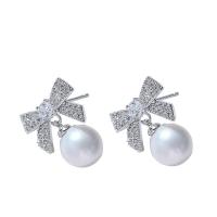 Rhinestone Brass Stud Earring, with Plastic Pearl, Bowknot, silver color plated, for woman & with rhinestone, 15*16mm 