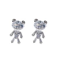 Rhinestone Brass Stud Earring, Bear, silver color plated, for woman & with rhinestone 20*10mm 