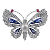 Brass Brooch, with Shell Pearl, Butterfly, plated, micro pave cubic zirconia & for woman 