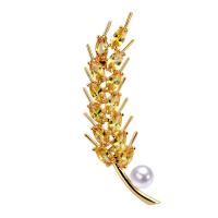 Brass Brooch, with Shell Pearl & Freshwater Pearl, Wheat, 24K gold plated & micro pave cubic zirconia & for woman 