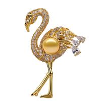 Brass Brooch, with Freshwater Pearl, Bird, plated, for woman & with rhinestone & hollow 