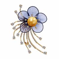 Brass Brooch, with Shell Pearl & Gauze, Flower, 24K gold plated, micro pave cubic zirconia & for woman 