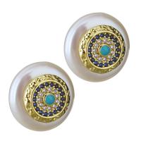 Brass Stud Earring, with Freshwater Pearl, gold color plated, fashion jewelry & micro pave cubic zirconia & for woman 0.75mm 