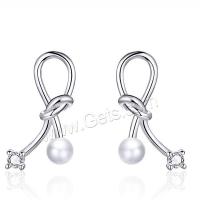 Sterling Silver Stud Earring, 925 Sterling Silver, with Shell Pearl, plated, for woman & with cubic zirconia, silver color 