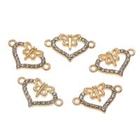 Conector de aleación de Zinc de diamantes de imitación, Corazón, chapado en color dorado, con diamantes de imitación & 1/1 aro, 23x14x2mm, agujero:aproximado 1.5mm, aproximado 50PCs/Bolsa, Vendido por Bolsa