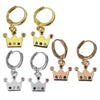 Brass Huggie Hoop Drop Earring, Crown, plated, micro pave cubic zirconia & for woman 26mm 