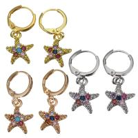 Brass Huggie Hoop Drop Earring, Starfish, plated, micro pave cubic zirconia & for woman 28mm 