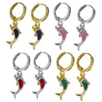 Brass Huggie Hoop Drop Earring, Dolphin, plated & for woman & enamel 30mm 