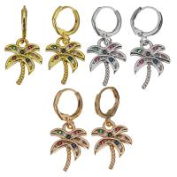 Brass Huggie Hoop Drop Earring, Palm Tree, plated, micro pave cubic zirconia & for woman 31mm 