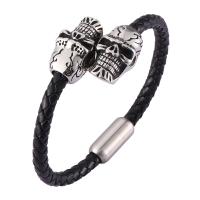 Stainless Steel Chain Bracelets, with PU Leather, Skull, fashion jewelry & Unisex black 