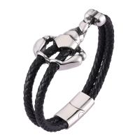 Stainless Steel Chain Bracelets, with PU Leather, Double Layer & fashion jewelry & Unisex black 