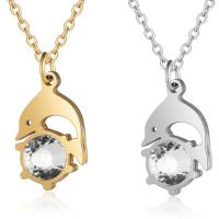 Stainless Steel Jewelry Necklace, Dolphin, polished, oval chain & for woman & with rhinestone Approx 15.75 Inch 