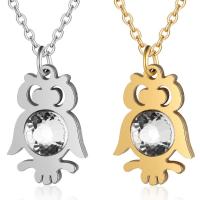 Stainless Steel Jewelry Necklace, Owl, polished, oval chain & for woman & with rhinestone Approx 15.75 Inch 