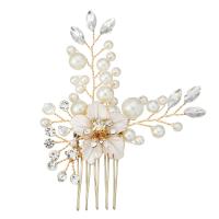 Bridal Decorative Hair Comb, Zinc Alloy, with ABS Plastic Pearl, gold color plated, for bridal & with rhinestone 