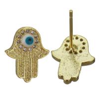 Brass Stud Earring, Evil Eye Hamsa, gold color plated, fashion jewelry & micro pave cubic zirconia & for woman 0.5mm 