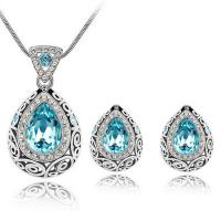 Zinc Alloy Jewelry Set, Stud Earring & necklace, with Glass, Teardrop, silver color plated, 2 pieces & for woman & with rhinestone & hollow nickel, lead & cadmium free, 15*20mm Inch 