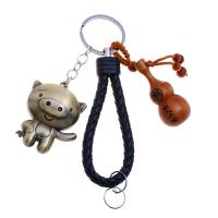 Zinc Alloy Key Clasp, with leather cord & Wood, Chinese Zodiac, antique gold color plated, cute & Unisex nickel, lead & cadmium free, 125mm 