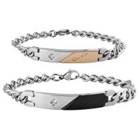 Titanium Steel Couple Bracelet, with 4.5cm extender chain, twist oval chain & with rhinestone  Approx 7.49 Inch, Approx 6.70 Inch 