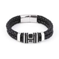Stainless Steel Chain Bracelets, with PU Leather, Double Layer & fashion jewelry & Unisex & enamel, black 
