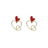 Rhinestone Brass Stud Earring, sterling silver post pin, Heart, 14K gold plated, for woman & with rhinestone & hollow 