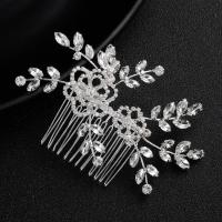 Zinc Alloy Decorative Hair Comb, with Clear Quartz, Leaf, silver color plated, for bridal & for woman & faceted, 100*65mm 